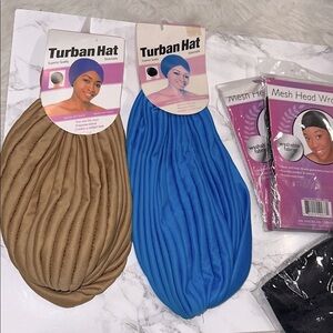 Blue and Brown Turban Hats and hair accessories set